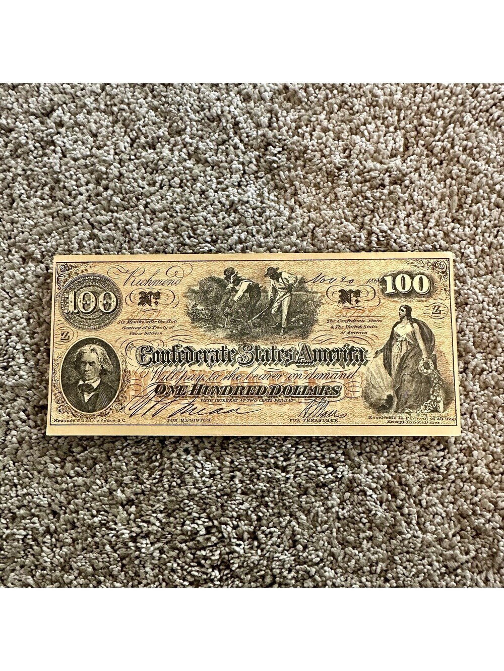 1862 Confederate  States of America 100 Dollar Currency Bank Note FACSIMILE